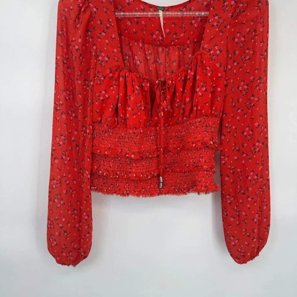 Free People Red Floral Smocked‎ Crop Top Long Sleeve Country Boho Blouse Medium
